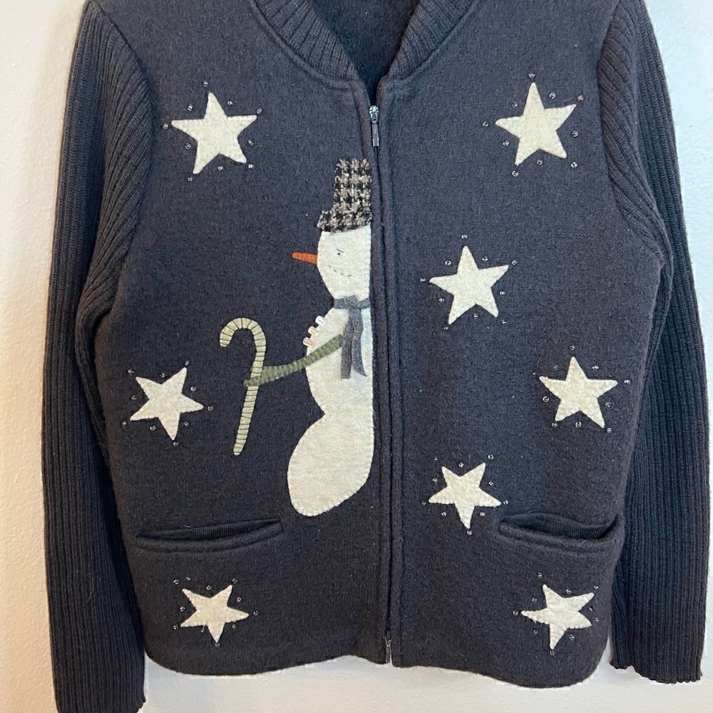 Christopher & Banks sweater women sz large  winter snowman zip front black wool